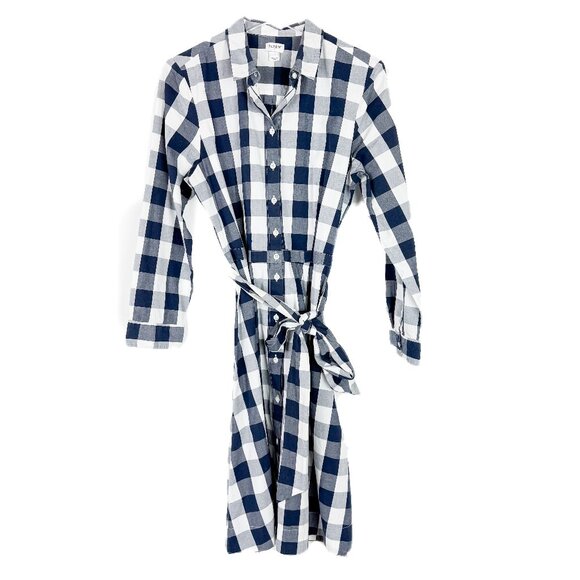 J. Crew Factory Tie-Waist Poplin Shirtdress in Gingham Navy Size 10 EUC - Picture 2 of 12